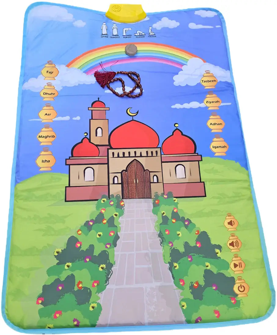 Children's prayer mat with mosque design, rainbow, and Islamic prayer names.
