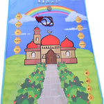 Children's prayer mat with mosque design, rainbow, and Islamic prayer names.