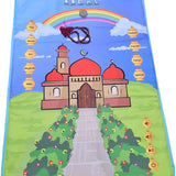 Children's prayer mat with mosque design, rainbow, and Islamic prayer names.