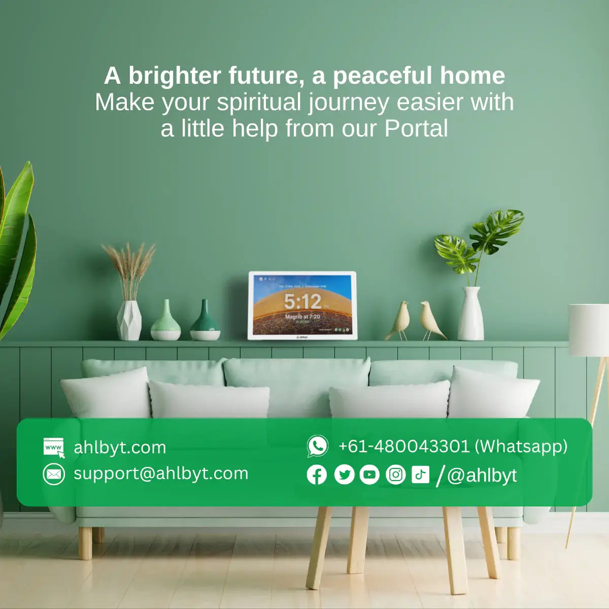 Living room with a green wall, sofa, and Ahlbyt Portal displaying the time.