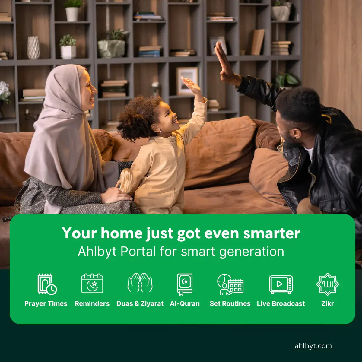 Family in a living room with a promotional banner for Ahlbyt Portal.