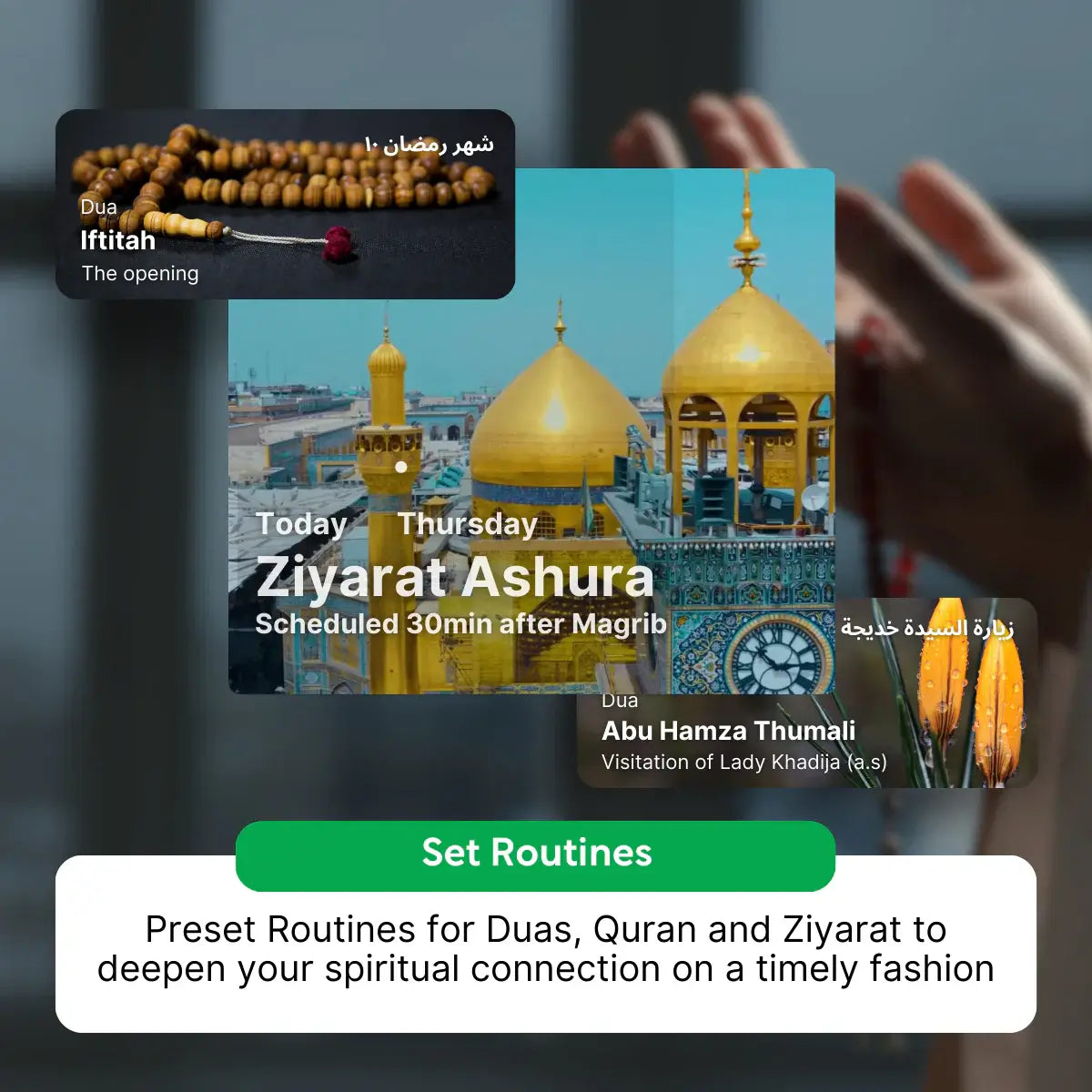 Ahlbyt portal digital interface with prayer time information and a green 'Set Routines' button.
