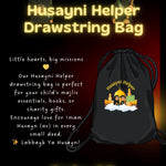 Husayni Helper drawstring bag with branding and text on a dark background
