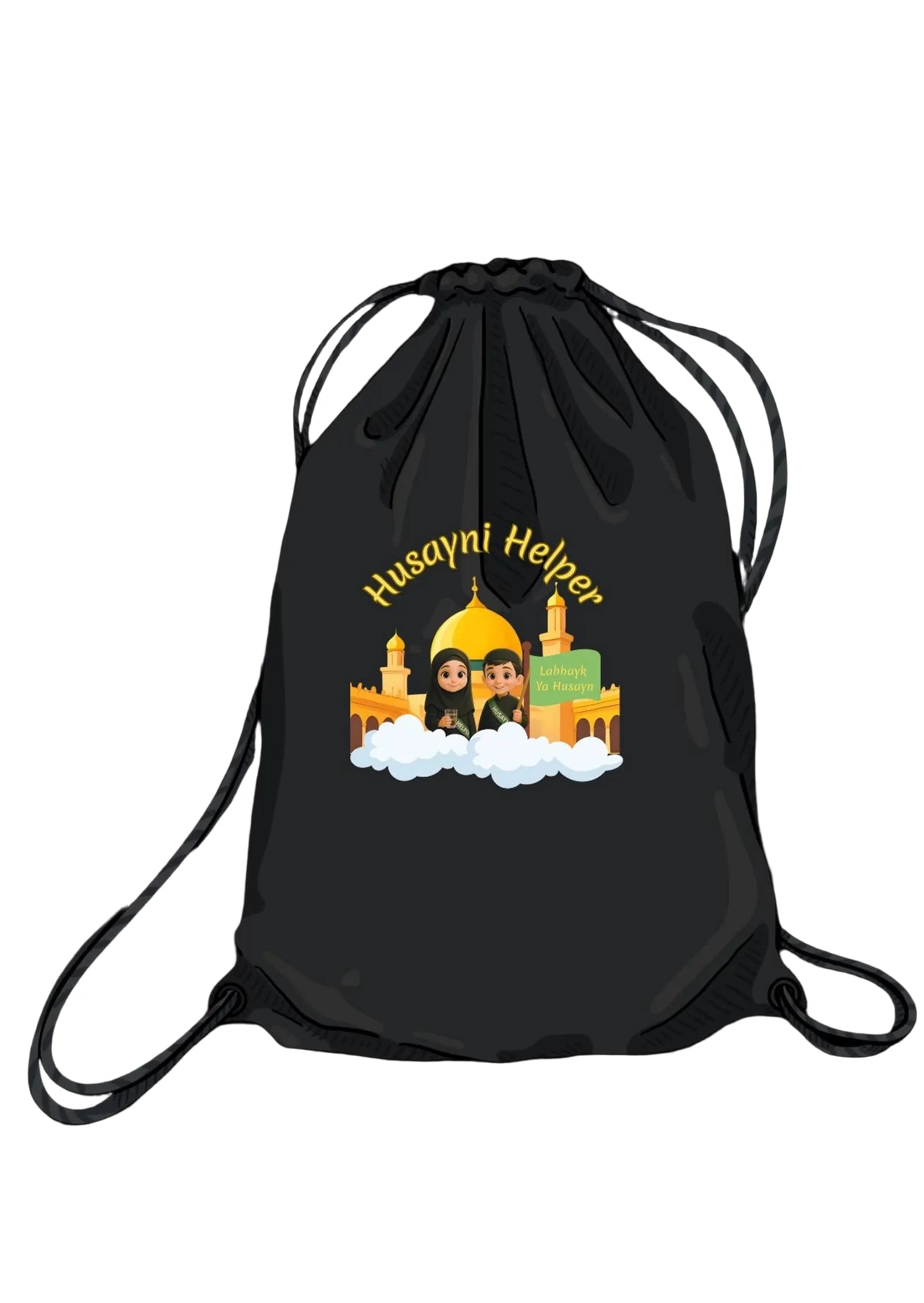 Black drawstring bag with 'Husayni Helper' design featuring a mosque and two kids on a white background. By Budding Mumin