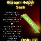 Advertisement for Husayni Helper Sash with text and graphics on a dark background