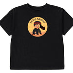 Black t-shirt with a graphic design saying "Little Azadar" on a white background for Muharram Safar Shia Kids Children