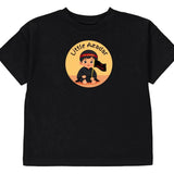 Black t-shirt with a graphic design saying "Little Azadar" on a white background for Muharram Safar Shia Kids Children