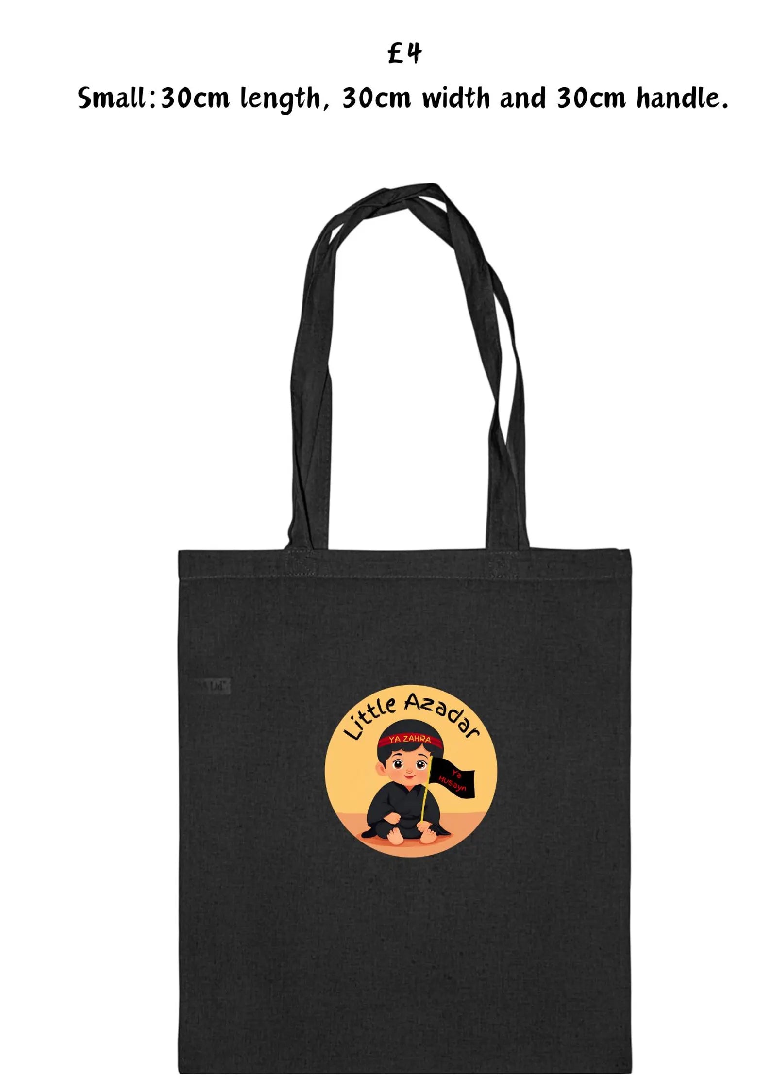 Black tote bag with "Little Azadar" featuring a child and text, on a white background.