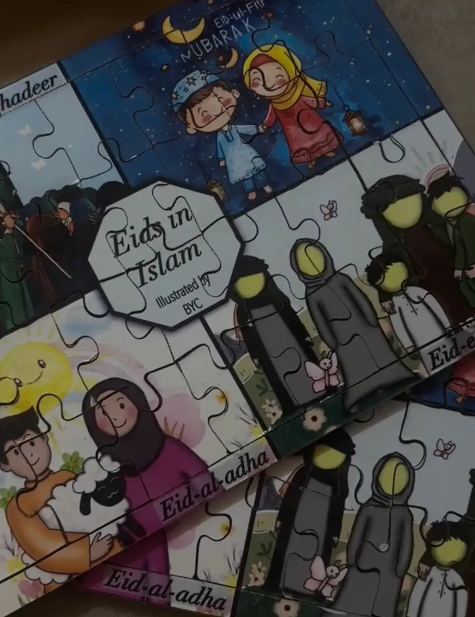 Collection of educational puzzles about Eids in Islam on a flat surface.
