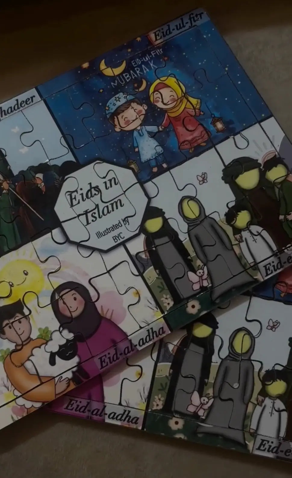 Collection of educational puzzles about Eids in Islam on a flat surface.