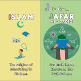 Two educational cards about Islamic figures, one with 'Imam Ali' and the other with 'Jafar Al-Sadiq'. ABCs of Ahlulbayt by Sanadi Publications