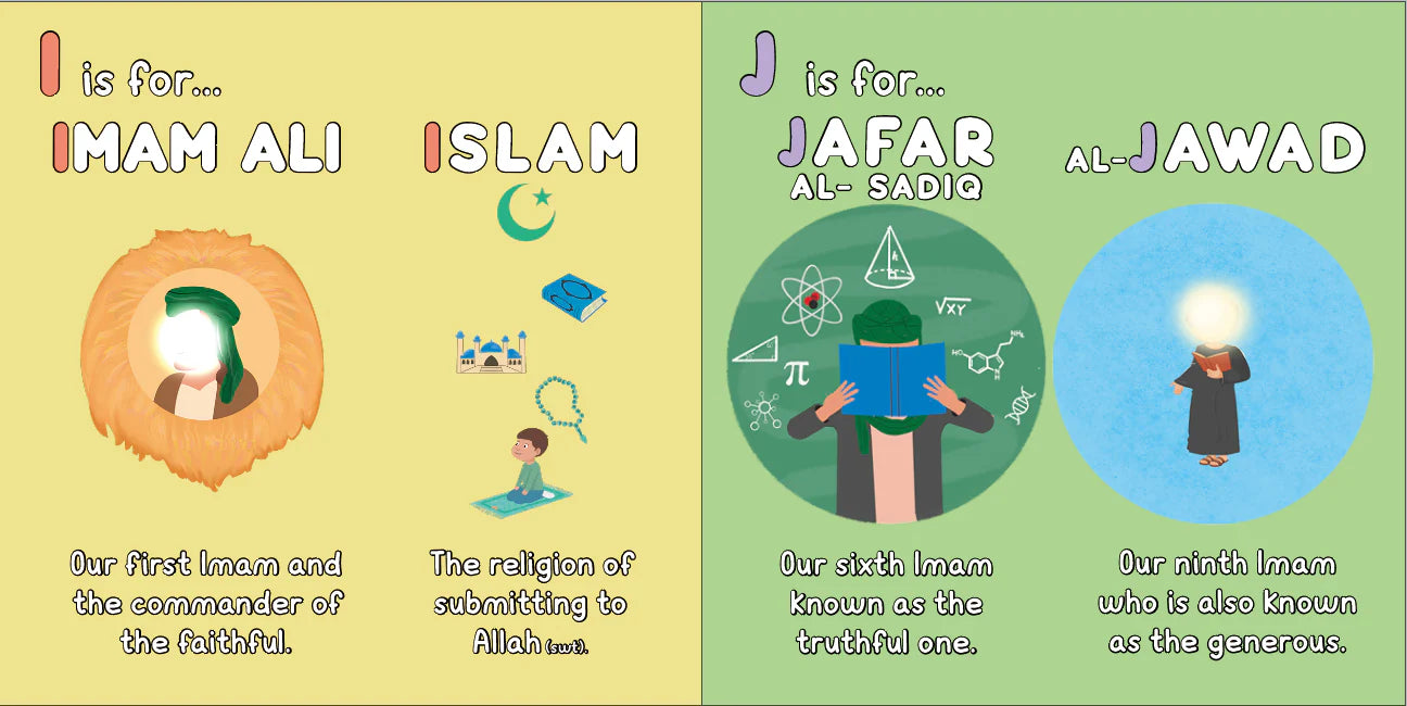 Two educational cards about Islamic figures, one with 'Imam Ali' and the other with 'Jafar Al-Sadiq'. ABCs of Ahlulbayt by Sanadi Publications