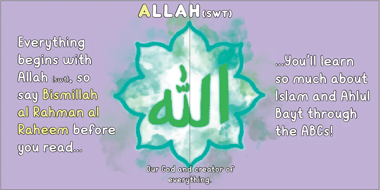 Educational page from a book "ABCs of Ahlulbayt" by Sanadi Publications with 'Allah' in a decorative design on a purple background