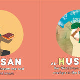 Illustrated book cover with two circular portraits and text about Al-Hasan and Al-Husayn on a peach background. ABCs of Ahlulbayt by Sanadi Publications