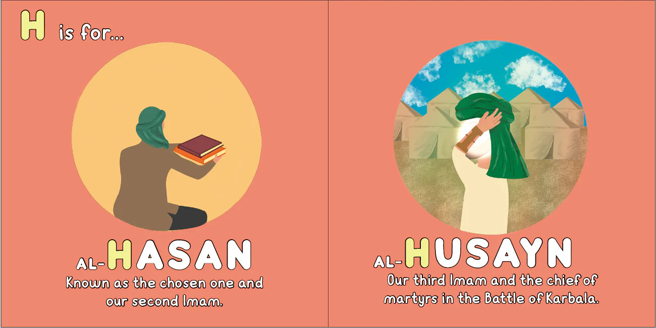 Illustrated book cover with two circular portraits and text about Al-Hasan and Al-Husayn on a peach background. ABCs of Ahlulbayt by Sanadi Publications