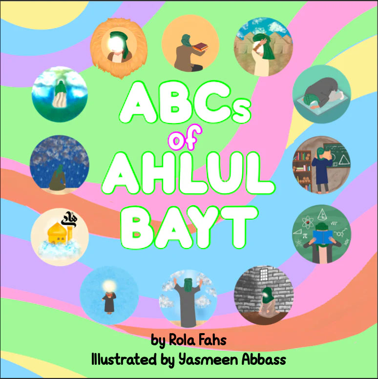 Book cover of 'ABCs of AHLUL BAYT' with colorful illustrations and text.