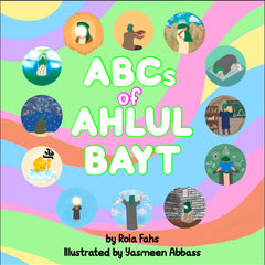 Book cover of 'ABCs of AHLUL BAYT' with colorful illustrations and text.