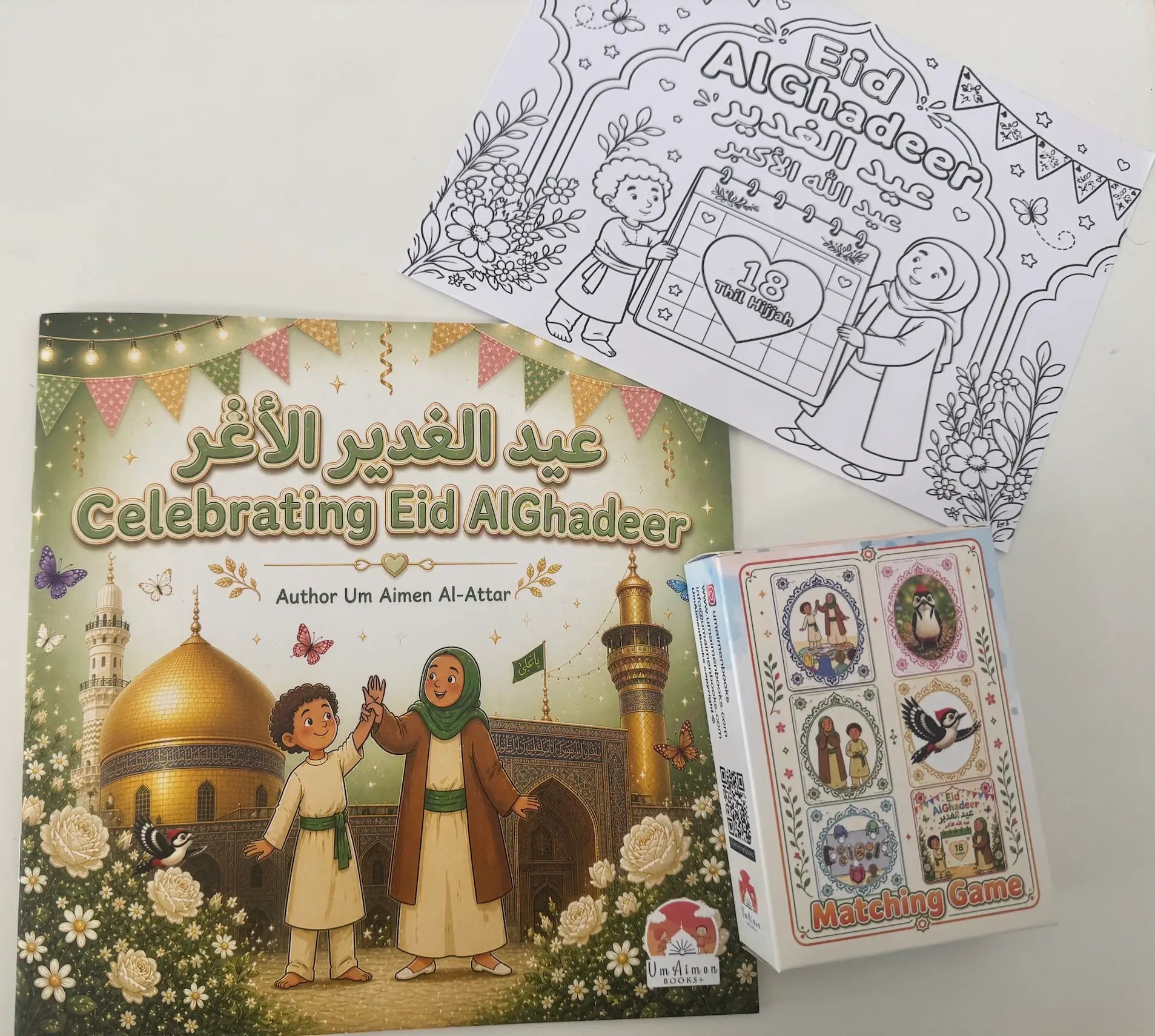 Children's book and coloring page set titled 'Celebrating Eid AlGhadeer' on a light gray background.