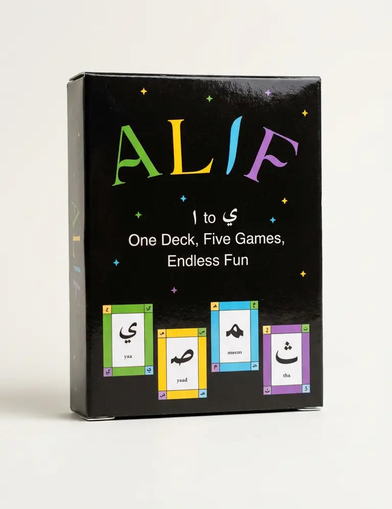 The product packaging for the card game 'ALIF' is shown on a clean, light off-white background. The box is black with the word 'ALIF' in colorful letters (green, blue, purple, orange) and white text below.