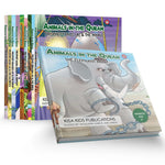 Children's books titled 'Animals in the Quran' with colorful covers on a white background