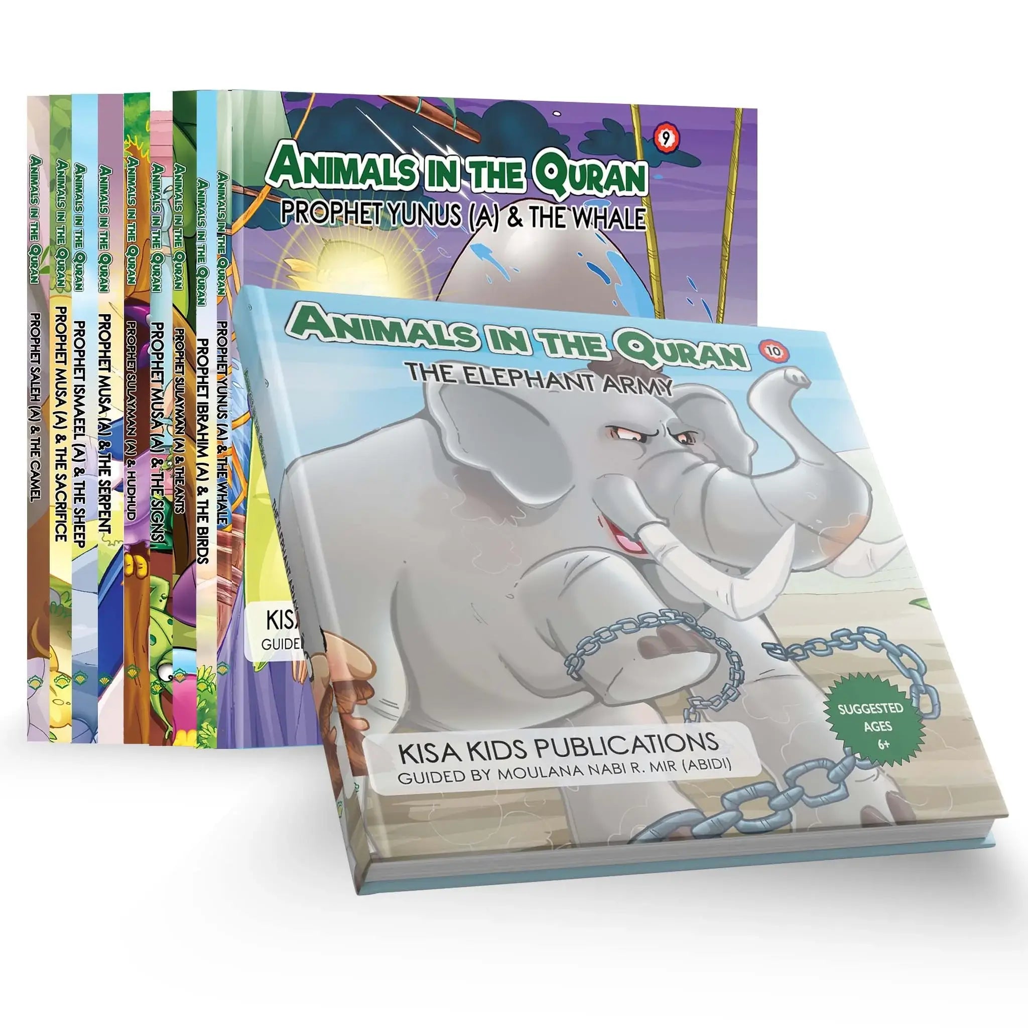 Children's books titled 'Animals in the Quran' with colorful covers on a white background