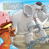 Illustration of a man with an elephant chained to a building, with text about an evil king named Abraha.