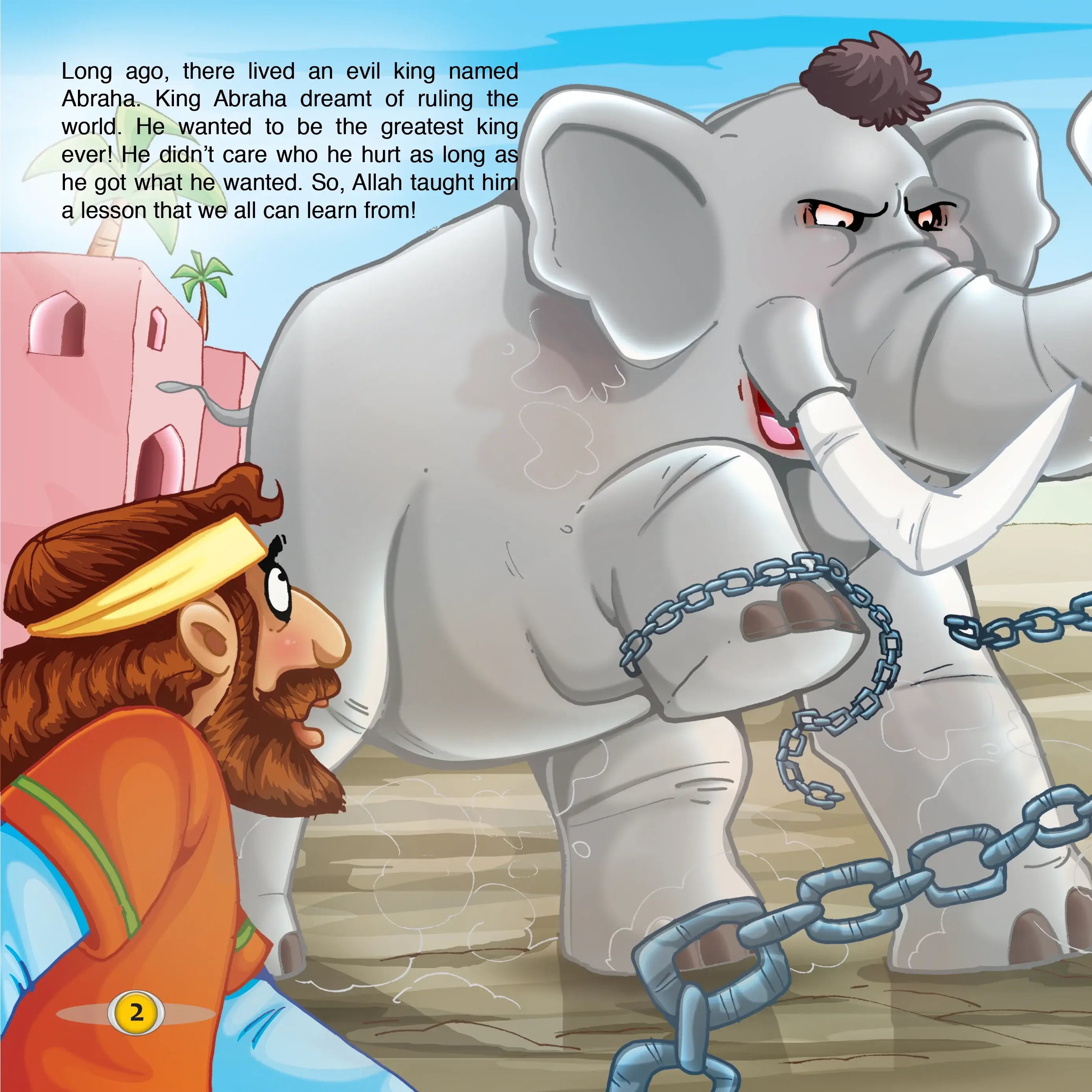 Illustration of a man with an elephant chained to a building, with text about an evil king named Abraha.