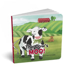 Children's book titled 'The Cow's MOO!' with a cow illustration on a green field cover.