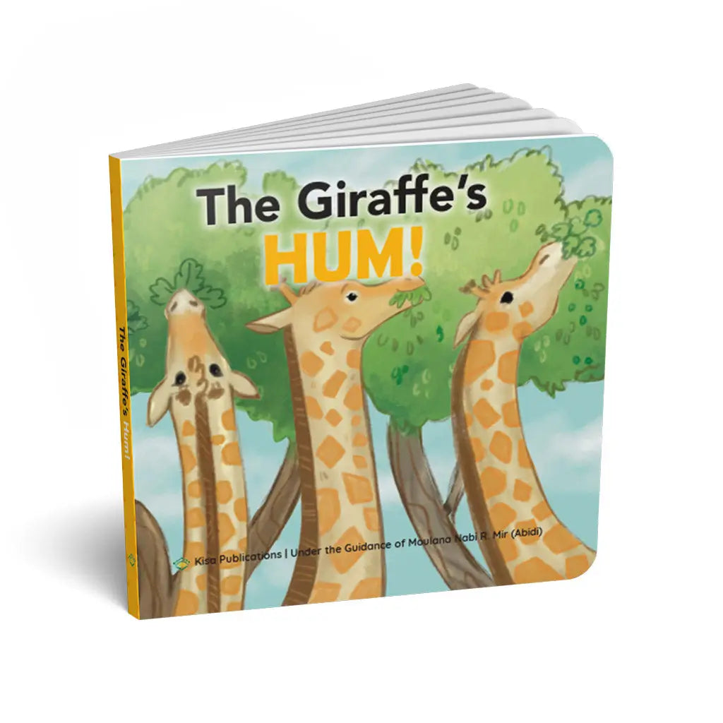 Children's book titled 'The Giraffe's HUM!' with illustrations of giraffes on a white background