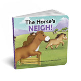 Children's book titled 'The Horse's NEIGH!' with illustrations of horses on a white background