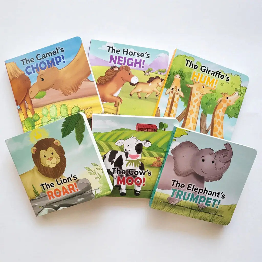 Set of five children's books with animal illustrations on a white background