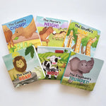 Set of five children's books with animal illustrations on a white background