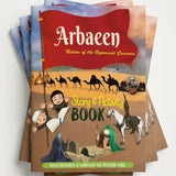 A stack of children's books titled 'Arbaeen Story & Holy Book' with illustrated desert scenes, camels, and figures on the cover, photographed on a plain light background.