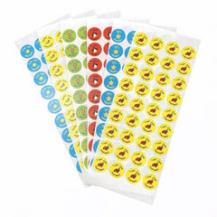 Sheets of colorful round Arabic stickers on a white background