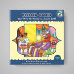Book cover of 'Blessed Names' with colorful illustration on a gray background