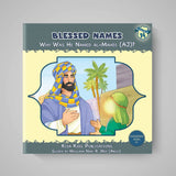 Book cover of 'Blessed Names' with a religious illustration on a gray background