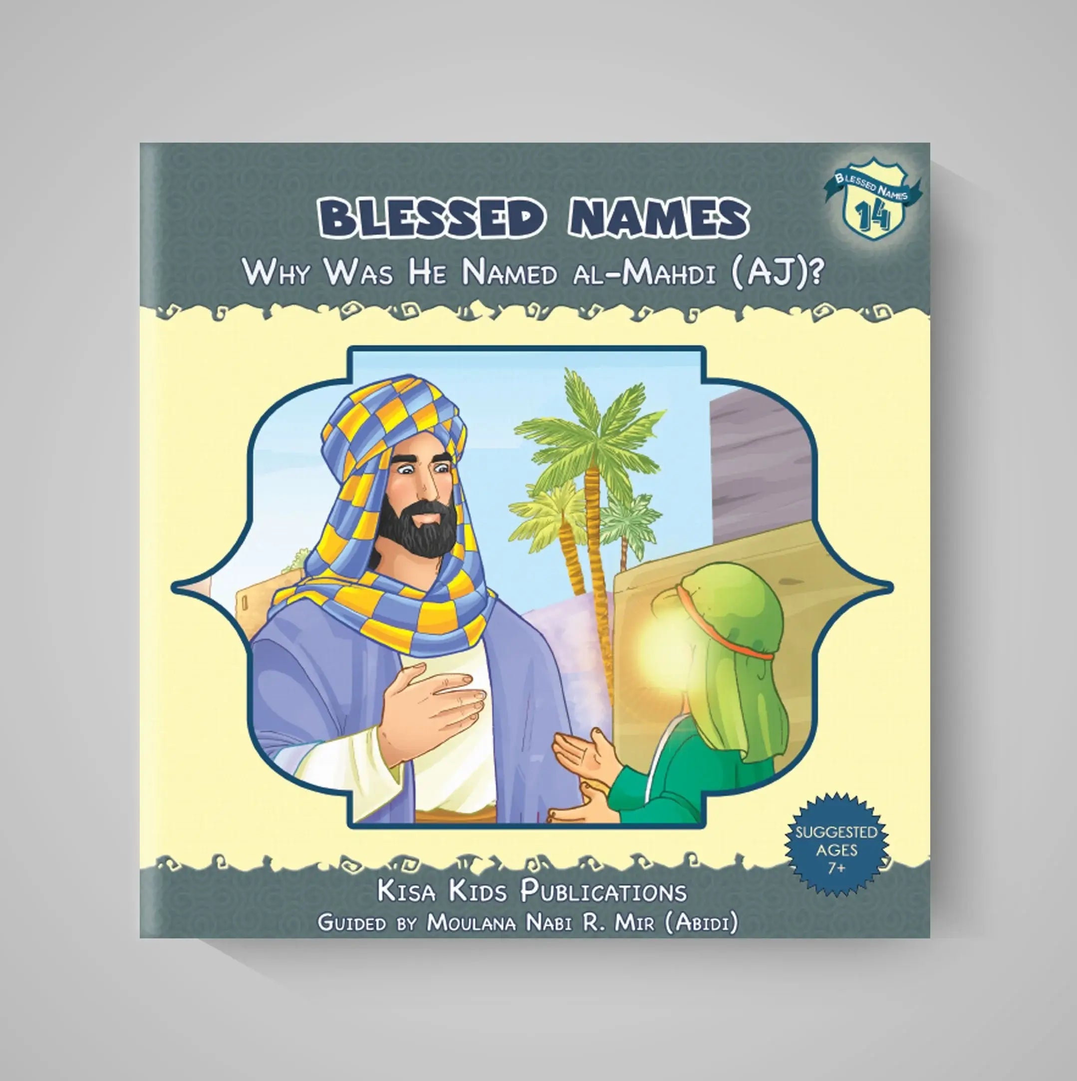 Book cover of 'Blessed Names' with a religious illustration on a gray background