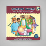 Children's book titled 'Blessed Names' on a gray background