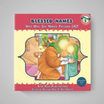 Book cover of 'Blessed Names: Why Was She Named Fatimah (A)?' with illustration of a child and adult on a gray background