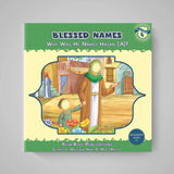 Book cover of 'Blessed Names' with illustration of a woman and child on a gray background
