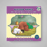 Book cover of 'Blessed Names' with a purple border and illustration of a child and adult praying.