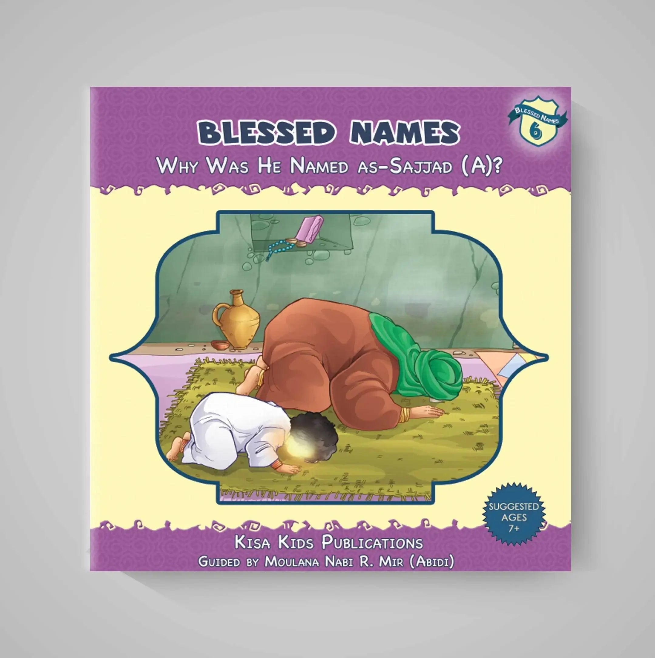 Book cover of 'Blessed Names' with a purple border and illustration of a child and adult praying.