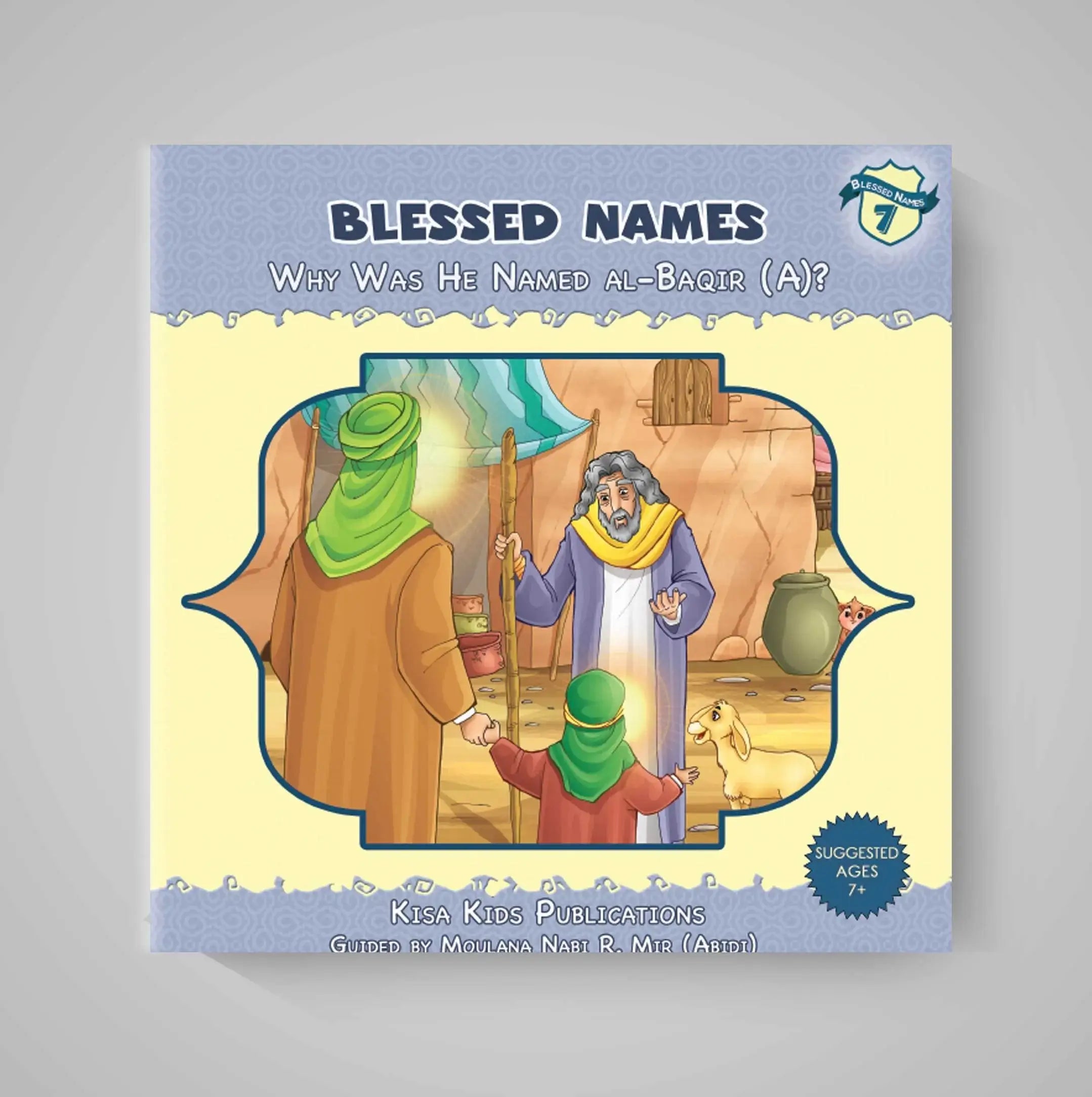 Book cover of 'Blessed Names' with a religious illustration on a gray background