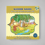 Book cover of 'Blessed Names' with a colorful illustration on a gray background
