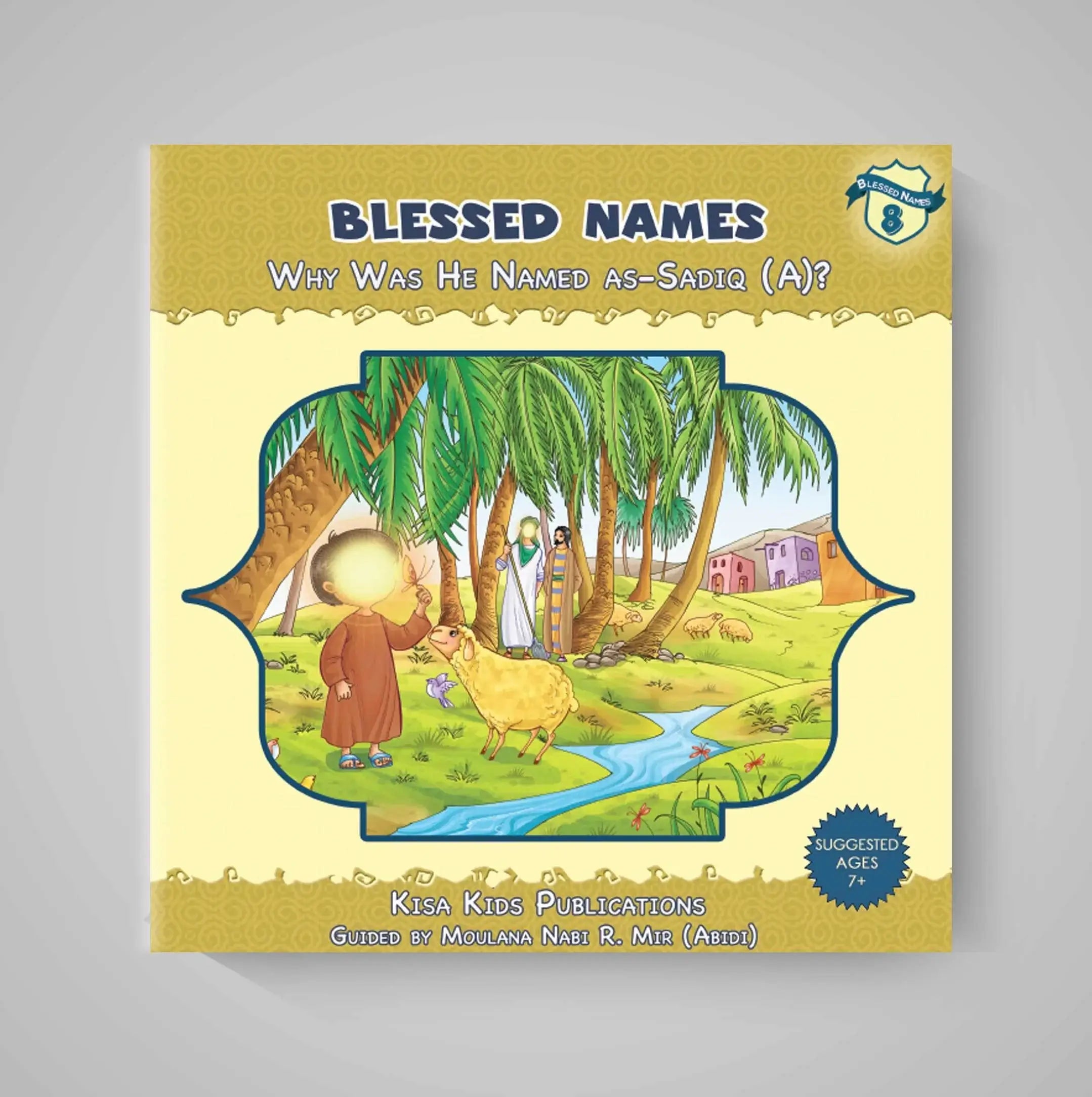 Book cover of 'Blessed Names' with a colorful illustration on a gray background