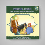 Book cover of 'Blessed Names' with illustration of two people and a horse on a gray background