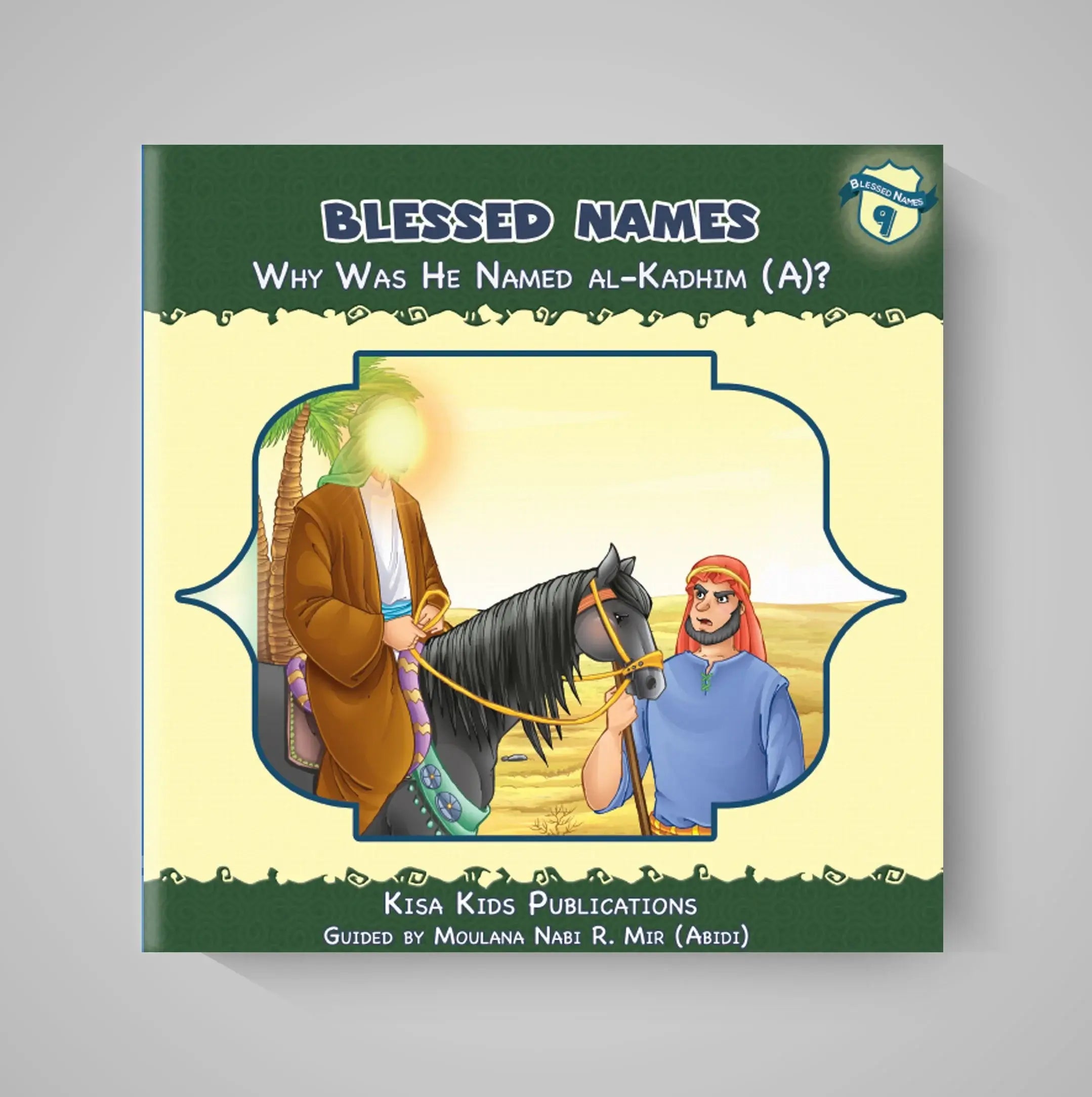 Book cover of 'Blessed Names' with illustration of two people and a horse on a gray background