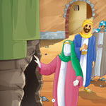 Illustration of a woman in a pink dress with a green headscarf standing in a Kaaba, with two men in the background depicting the birth of Imam Ali (as) in the Holy Kaaba.
