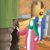 Illustration of a woman in a pink dress with a green headscarf standing in a Kaaba, with two men in the background depicting the birth of Imam Ali (as) in the Holy Kaaba.