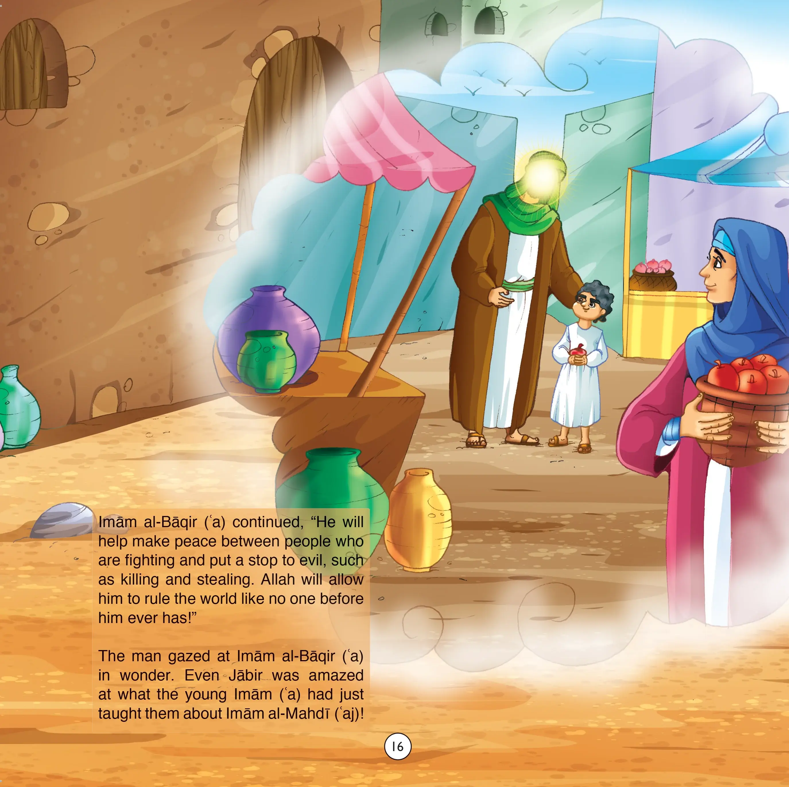 Illustrated scene with characters and text on a colorful background
